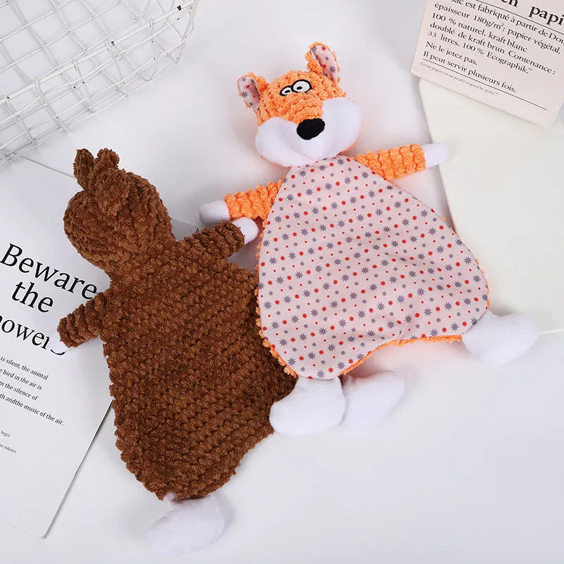 Brown biting-resistant velvet plush toy shaped like a fox for cats and dogs.