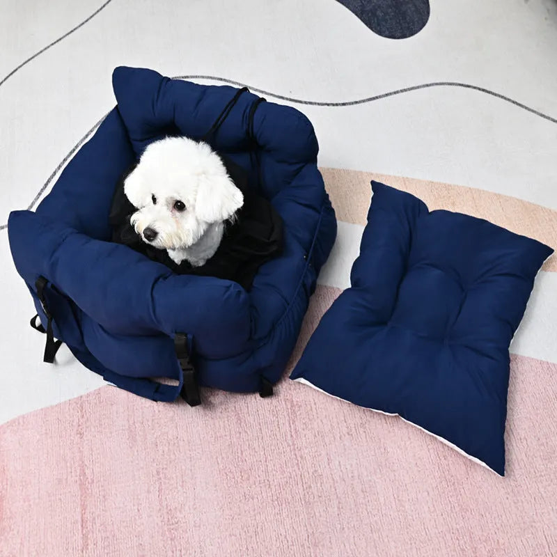 Portable cloth car kennel for dogs in light blue colour with net pocket design