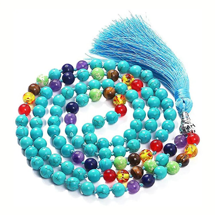 Geometric agate tassel necklace with colourful stone beads on adjustable 95-100cm chain