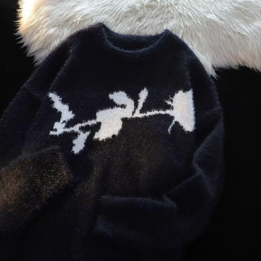 Men's black sweater with textured flocking horse design on front, long sleeve pullover style