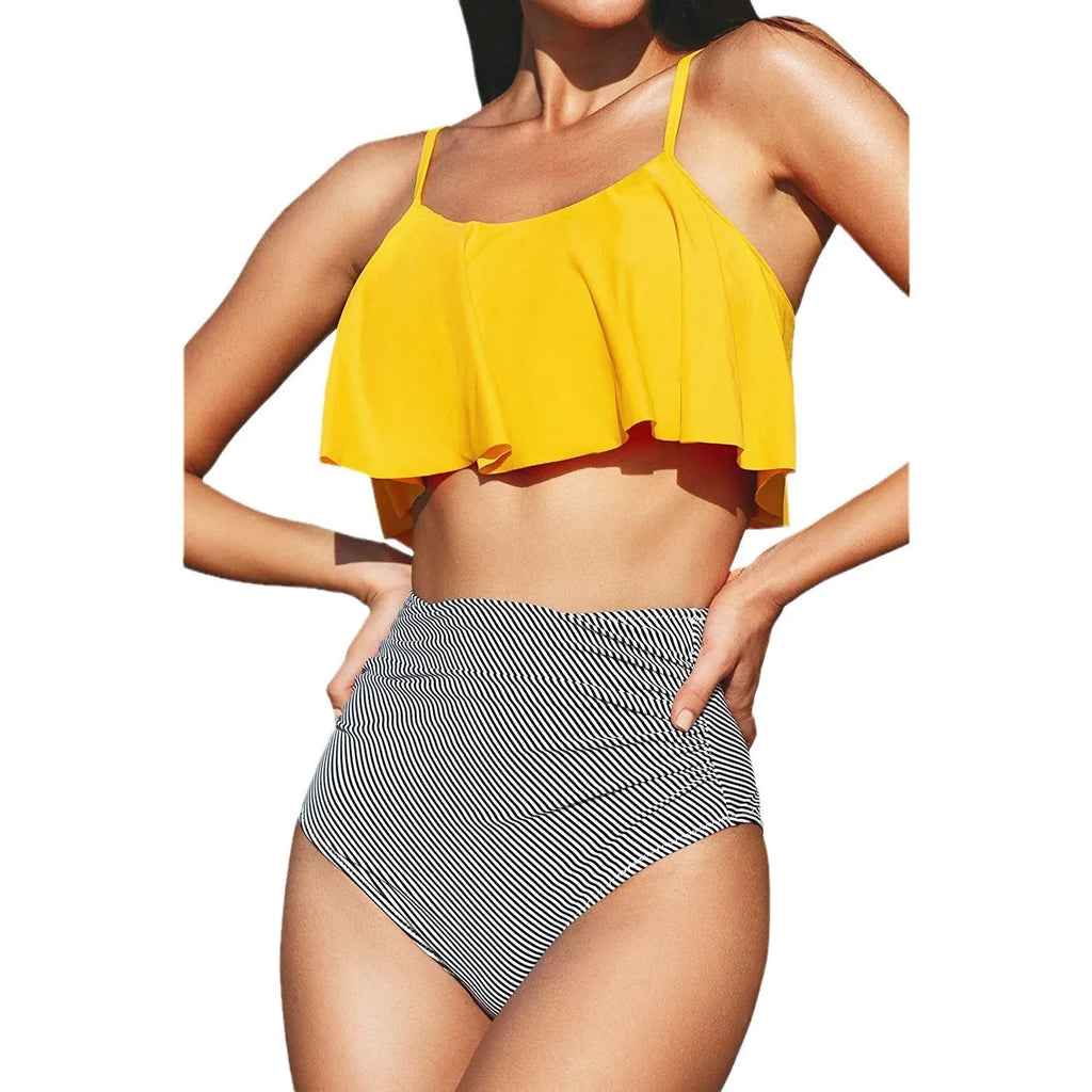 Striped solid colour bikini with split front ruffles in brief style
