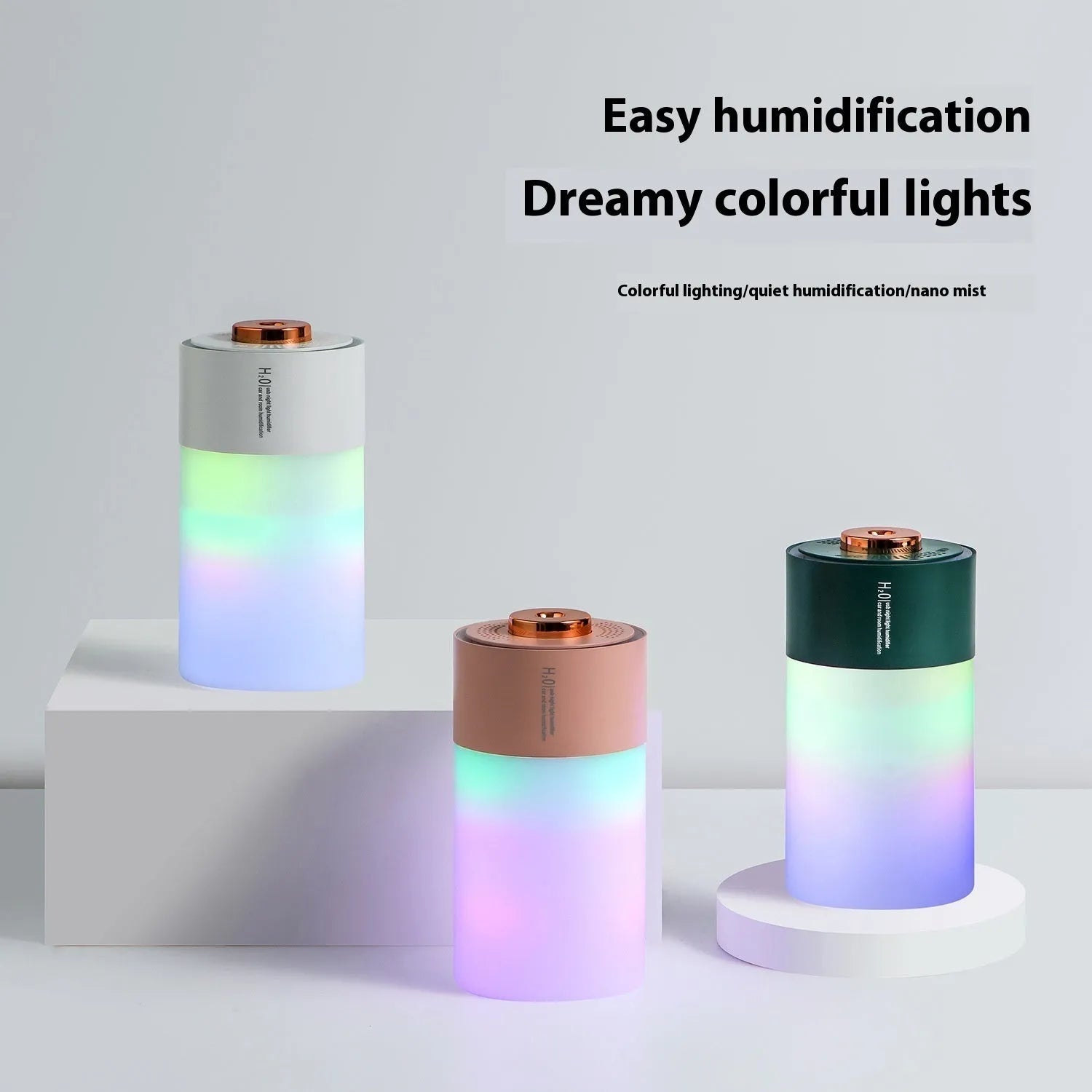 Homehold colourful USB humidifier in white columnar shape on a desk