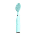 Blue and pink handheld silicone facial cleansing brush with 5 speeds, 8000 vibrations, IPX6 waterproof, and rechargeable 300mAh battery