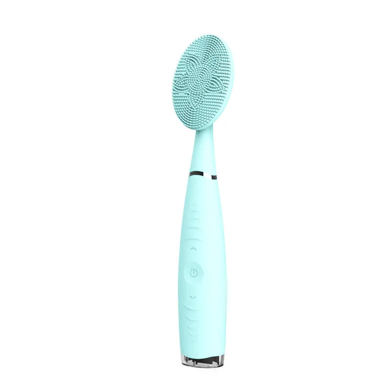 Blue and pink handheld silicone facial cleansing brush with 5 speeds, 8000 vibrations, IPX6 waterproof, and rechargeable 300mAh battery