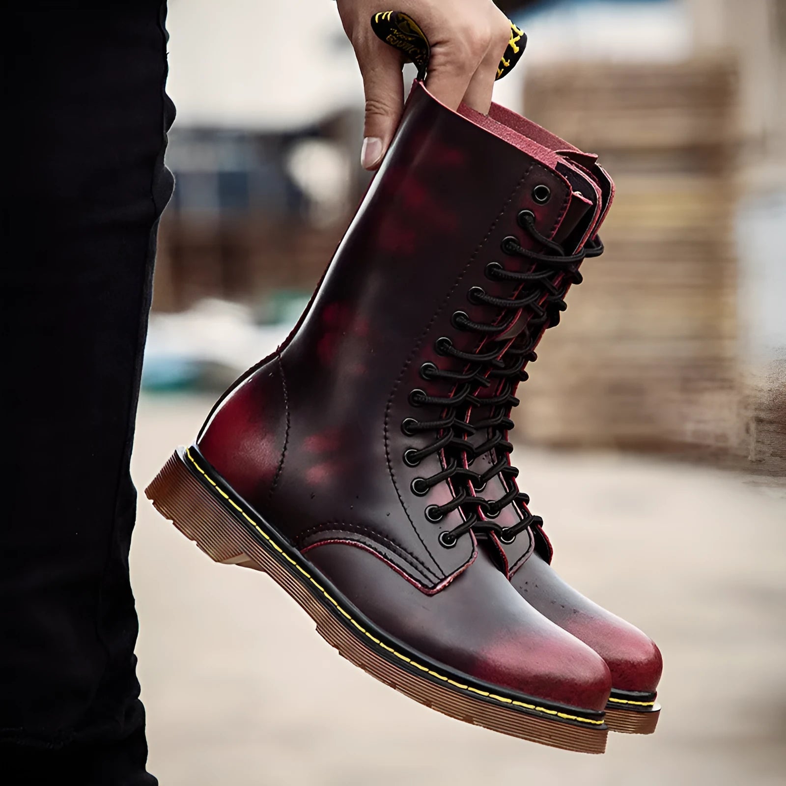 Men's leather lace-up boots with cotton lining in black, brown or wine red colours