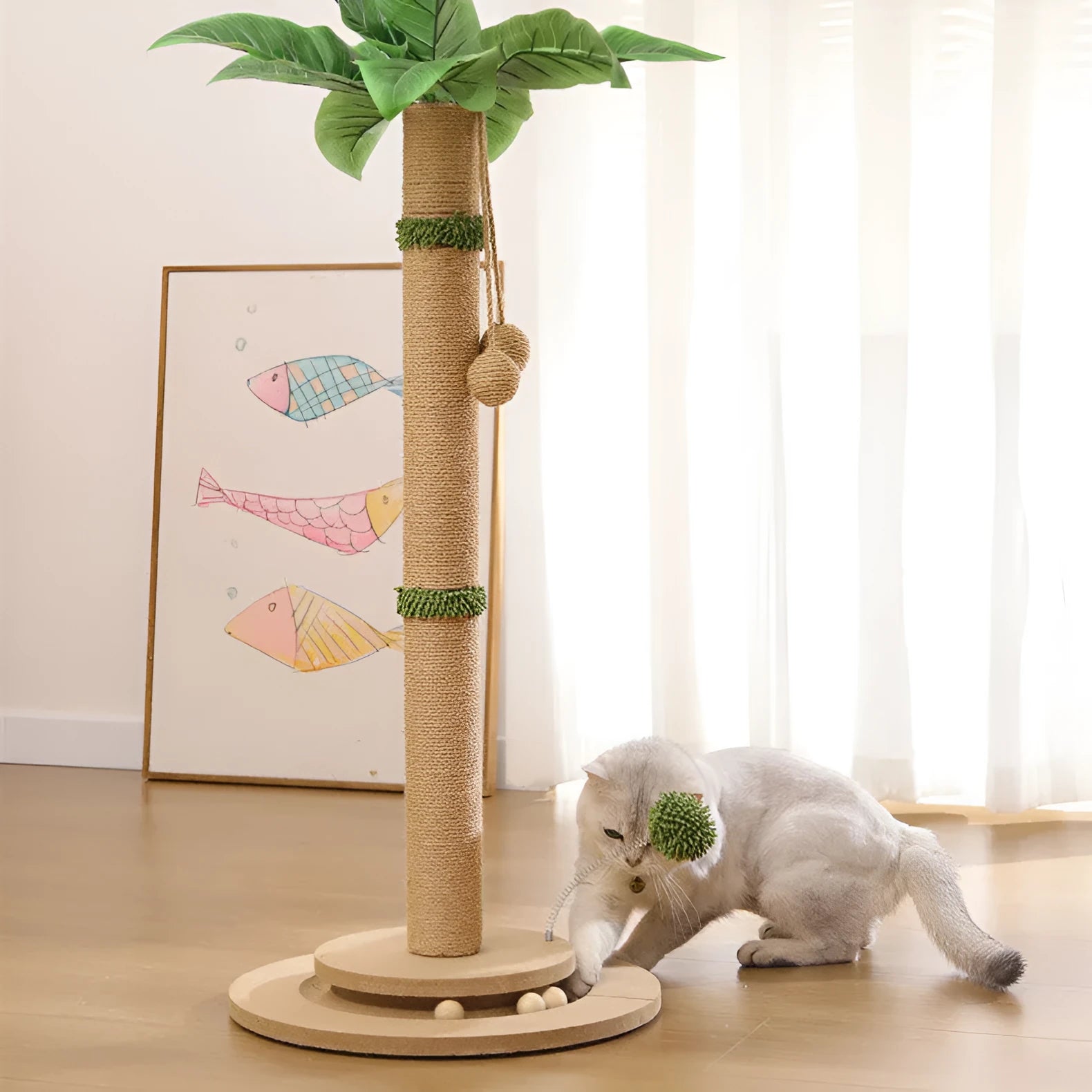 Tall, canna-coloured vertical cat climbing frame with hemp rope posts and a square platform.