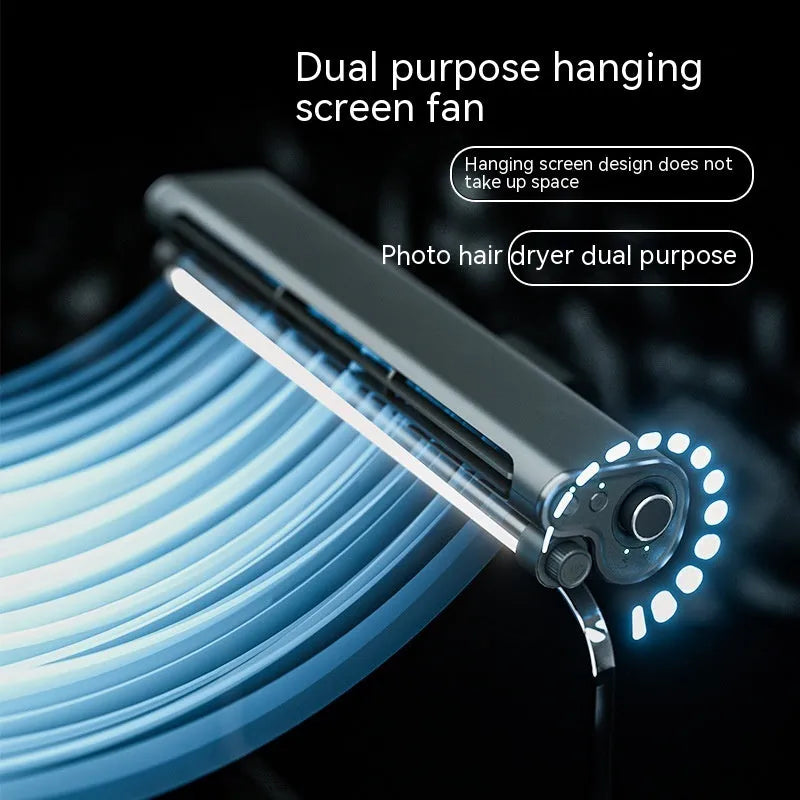 Black USB-powered bladeless desk fan with a screen clamp and integrated LED light, shown attached to a laptop.