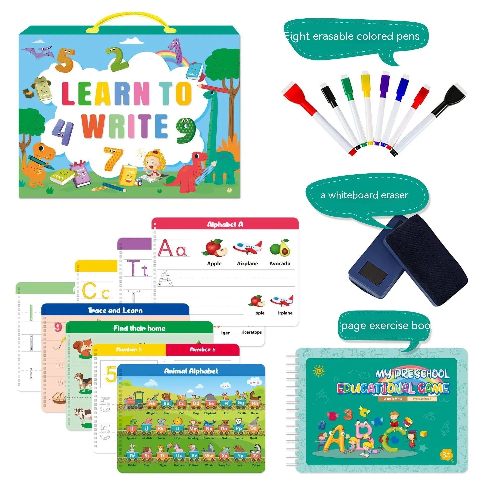 Montessori handwriting practice book set with erasable pens and reward stickers for children's writing skills