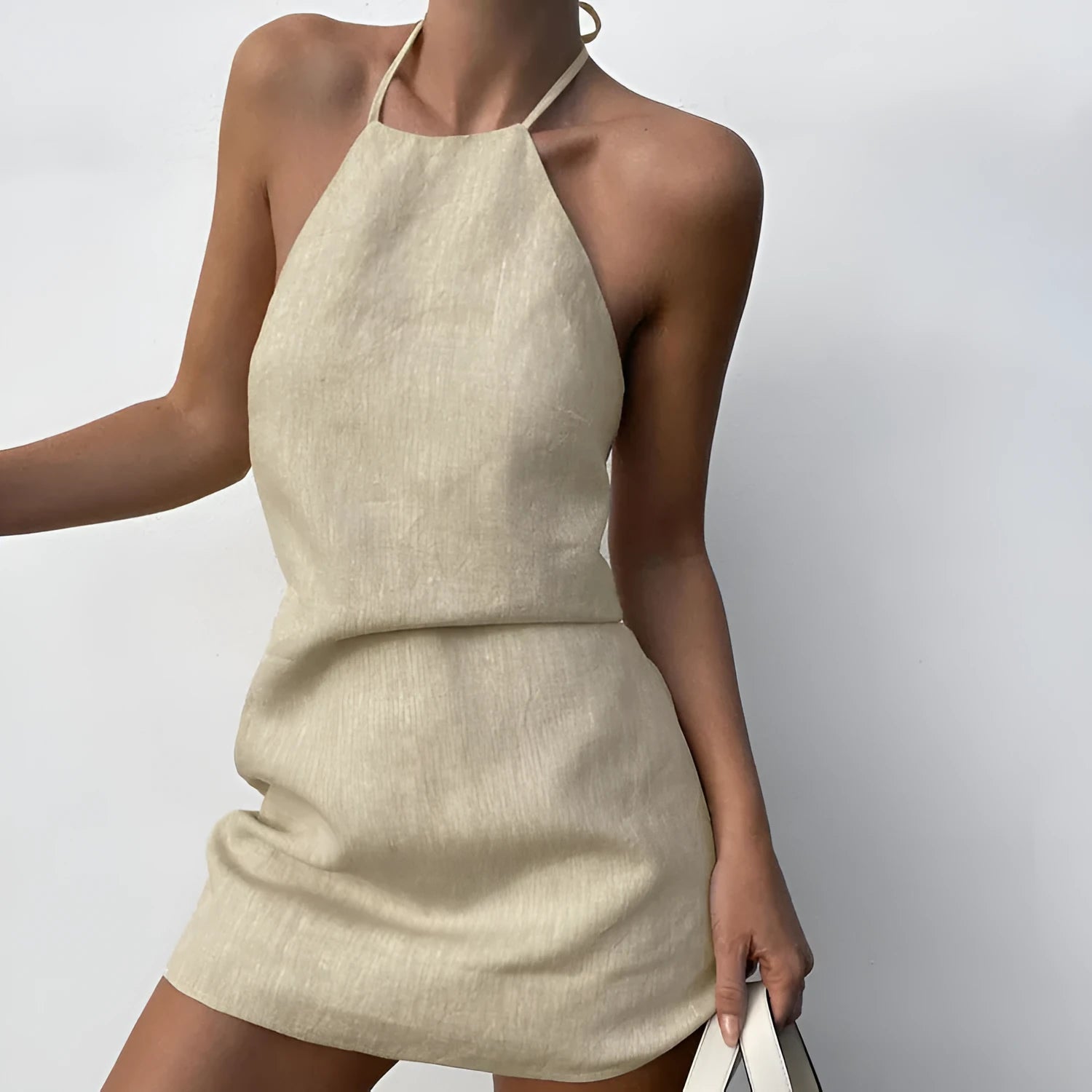 Women's solid colour linen A-line summer dress knee length casual midi dress