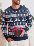 Men's loose jacquard Christmas sweater in red with round neck and long sleeves