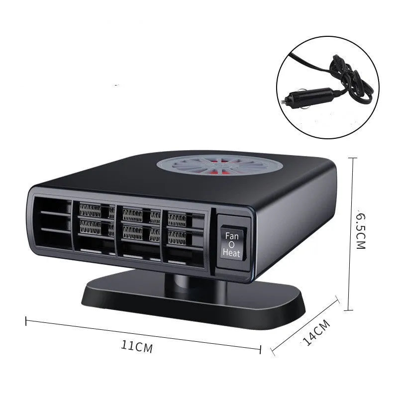 Black ABS plastic 12V car heater for defrosting windscreens and purifying cabin air.
