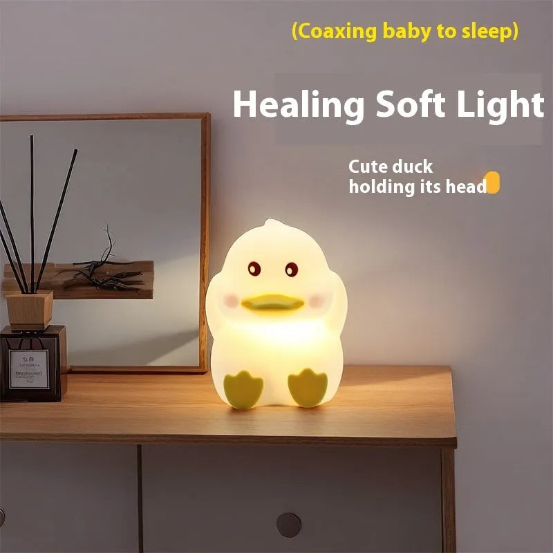 Cute duck silicone night light with USB rechargeable battery, warm and colourful light modes