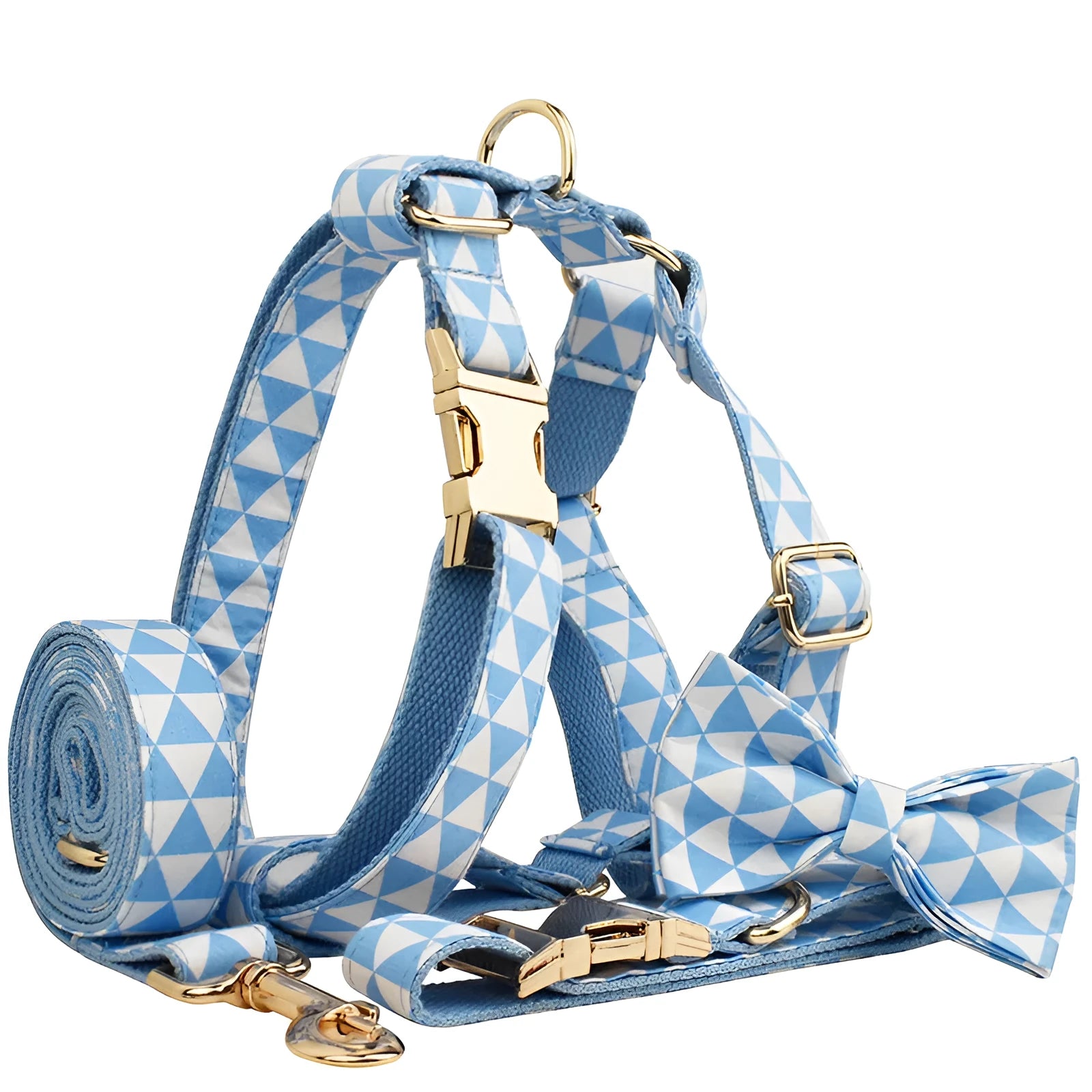 Blue cloth dog collar, leash, decorative bow, and vest set for small to medium dogs