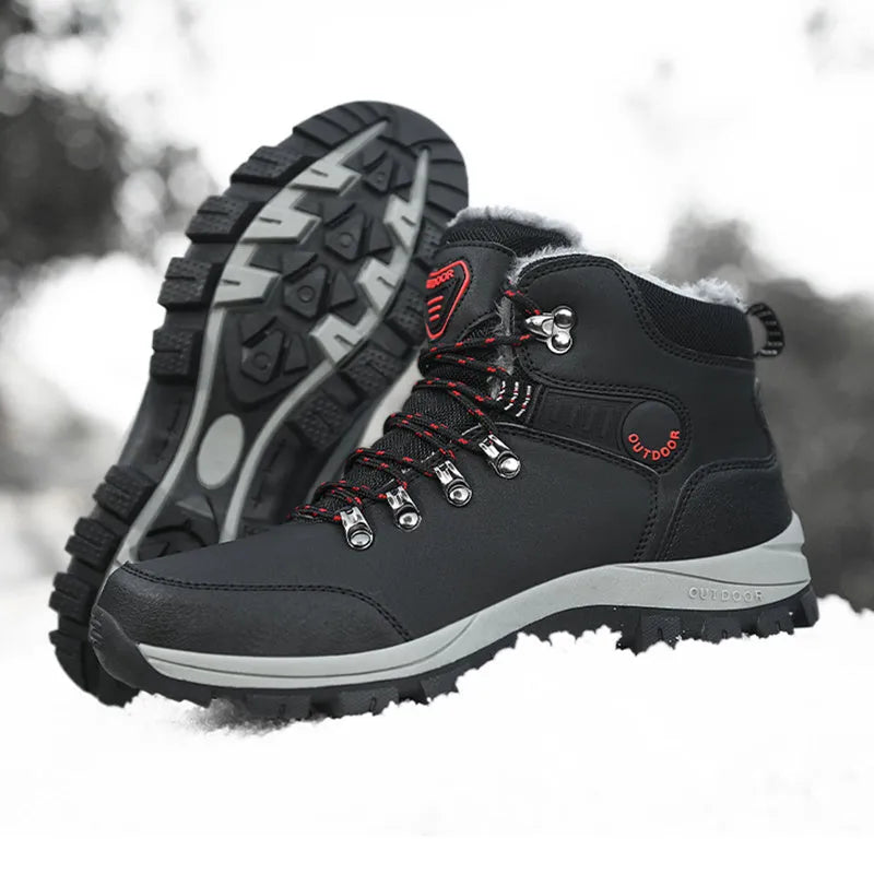 Men's winter snow boots in black, grey, or khaki with plush lining, lace-up front, and TPR sole.