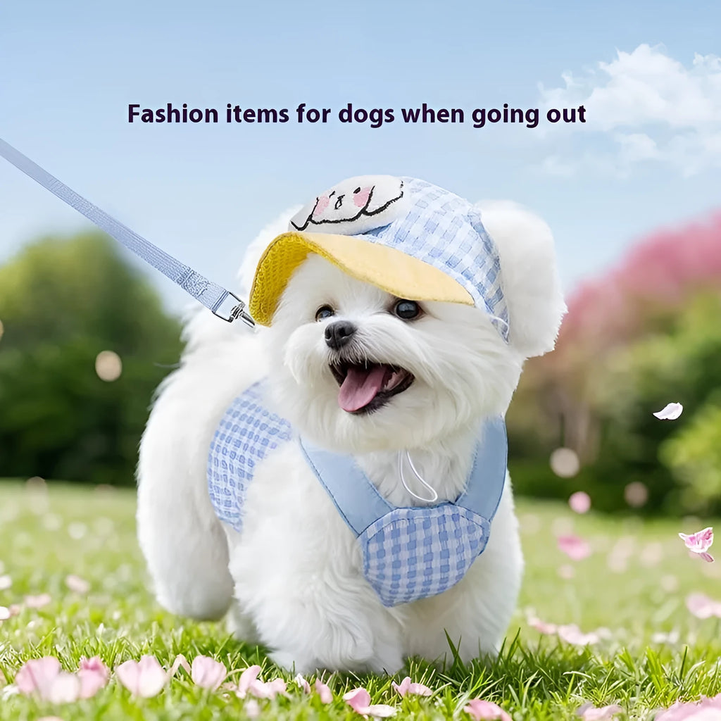 Blue puppy three-piece set including sunshade hat, anti-strangulation chest strap, and hand-holding rope made of bubble cotton