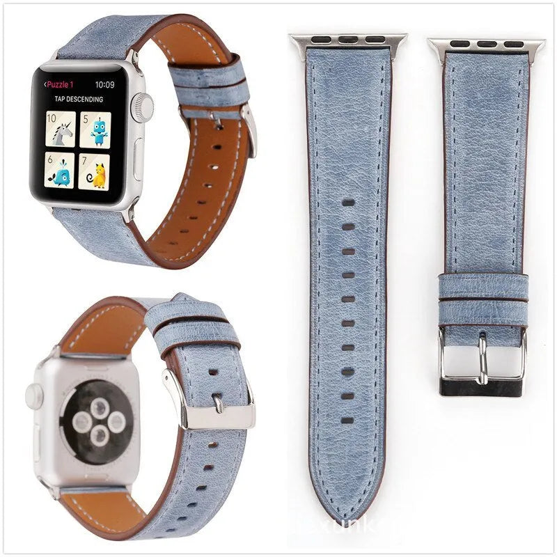 Genuine leather watch strap with a folding buckle, shown in one of six available colours.