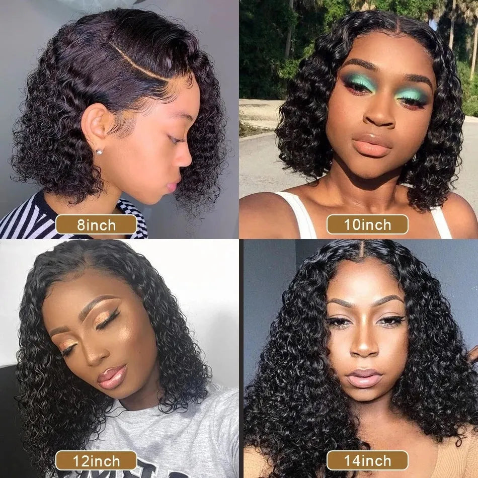 Black front lace small curly wig with long bangs, T-shaped lace 73, 8 to 16 inch lengths