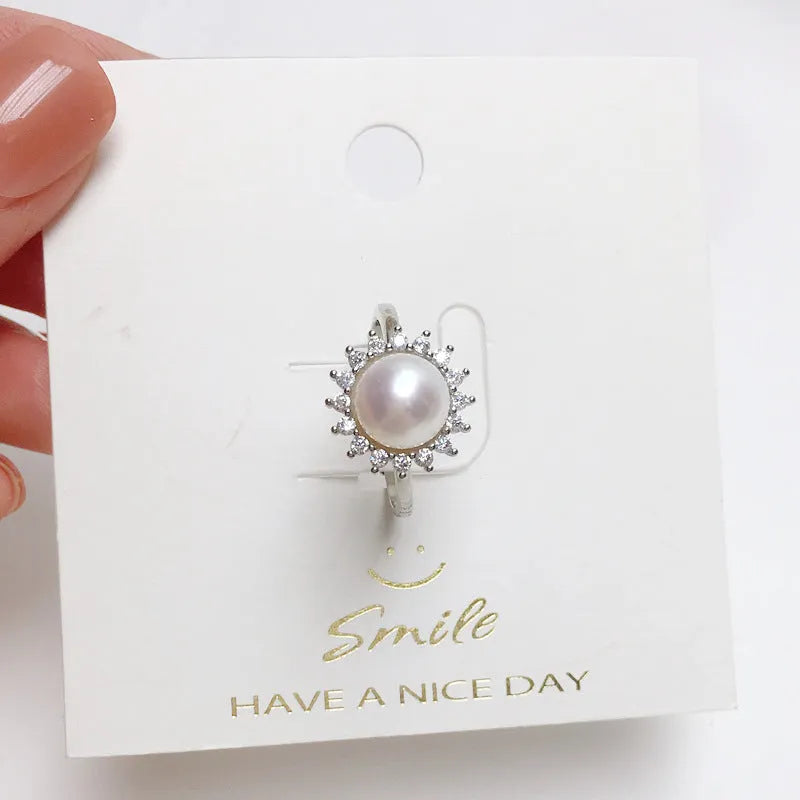 Round natural freshwater pearl ring with round zircon accents in gold copper plating finish