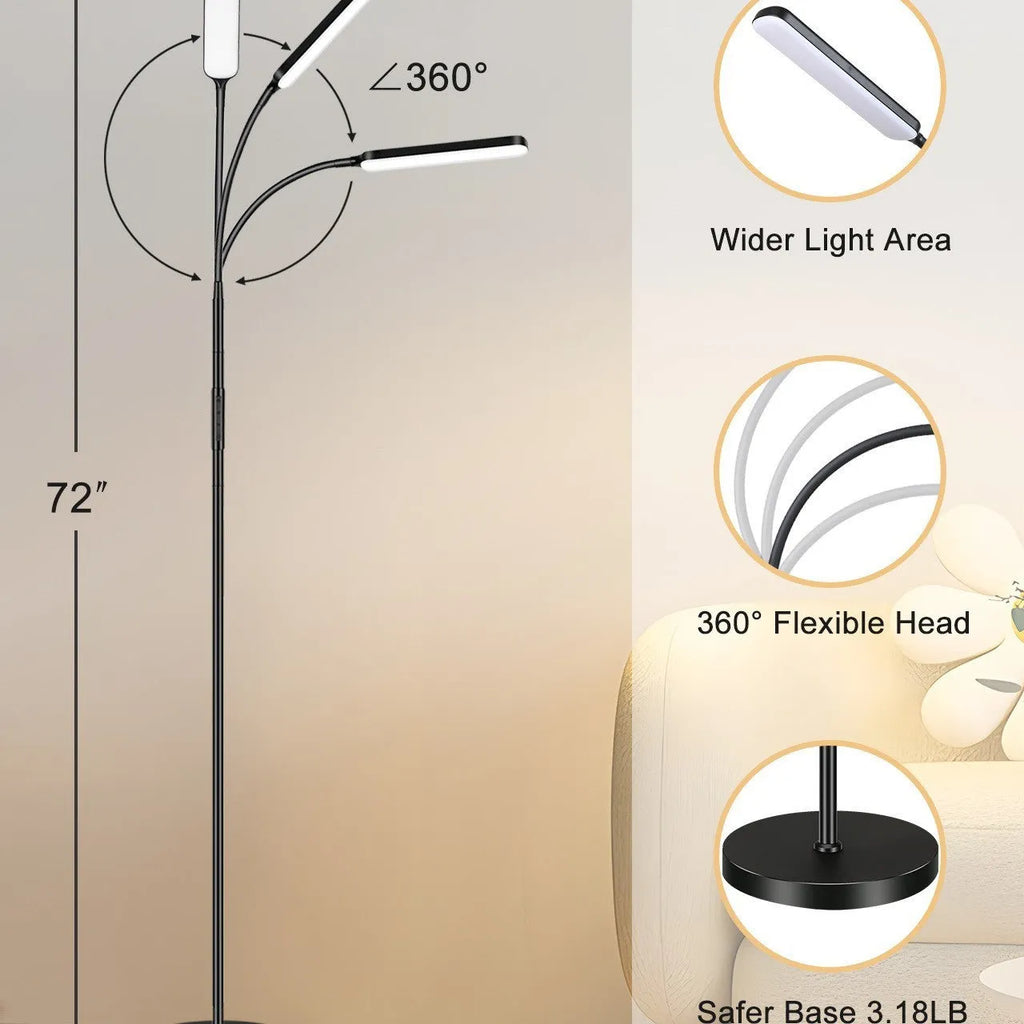 Black LED floor table lamp with plastic shade, three-colour dimming and infrared remote control, 24V