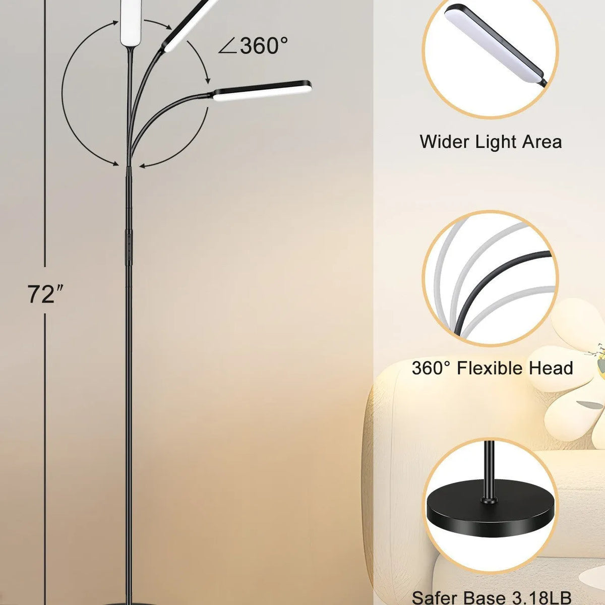 Black LED floor table lamp with plastic shade, three-colour dimming and infrared remote control, 24V
