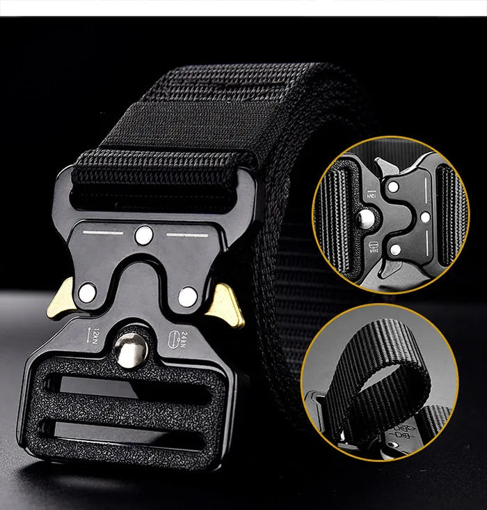 Cobra buckle tactical belt in nylon and zinc alloy, 125cm x 3.8cm, shown in Army Green, Black, and Khaki
