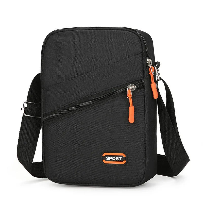 Oxford cloth commuter bag in silver grey, black, or navy blue with crossbody shoulder strap and contrast colour detailing
