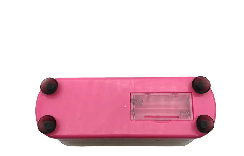 Blue plastic analog ultrasonic cleaner for glasses and contact lenses, 17x6x8 cm, with suction cups on a table