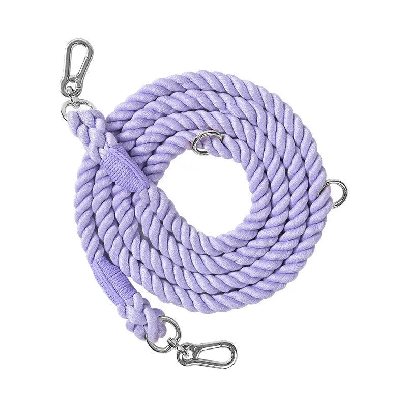 Woven rainbow double-ended dog lead with hand-held rope section in multiple colour options