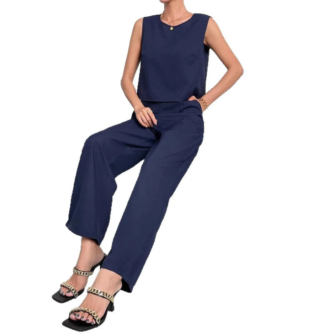 Women's red sleeveless top and wide leg pants two-piece casual set on a hanger.