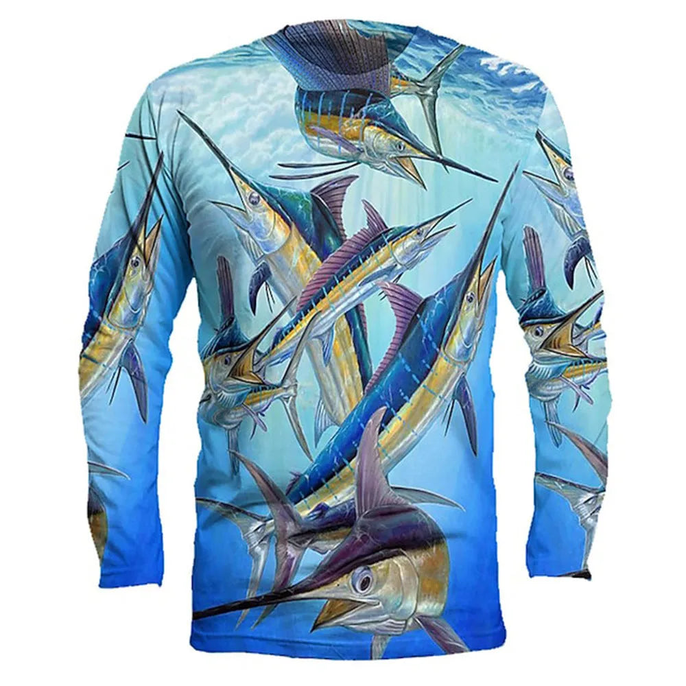 Man wearing a grey long-sleeve pullover top with a colourful fish print on the front.