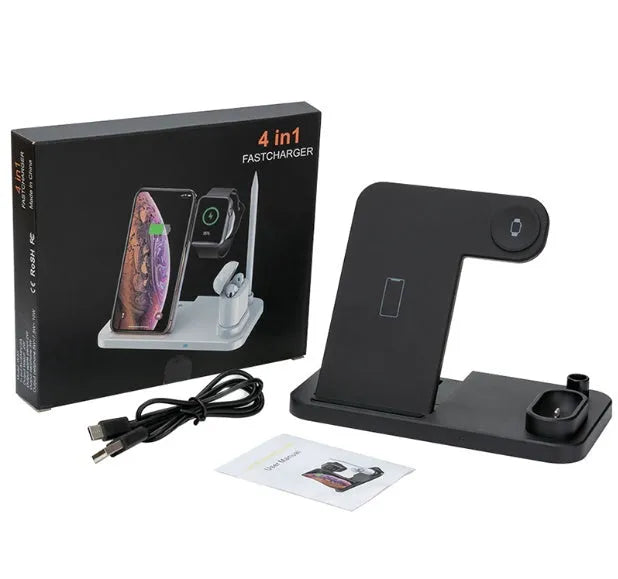A white 4-in-1 wireless charger folded flat, showing charging pads for phone, Apple Watch, AirPods, and Apple Pencil.