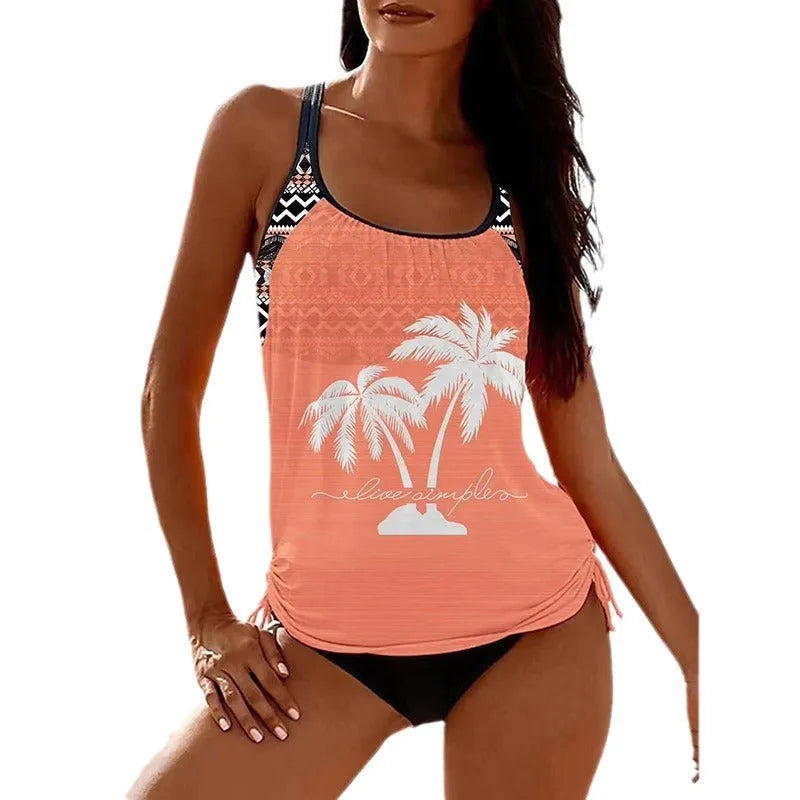 Women's loose black tangini briefs bikini set for fitness, shown on a mannequin.