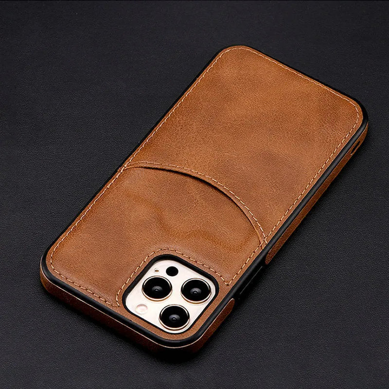 Dark blue PU leather protective case fitted on an iPhone, showing precise cutouts for camera and ports.