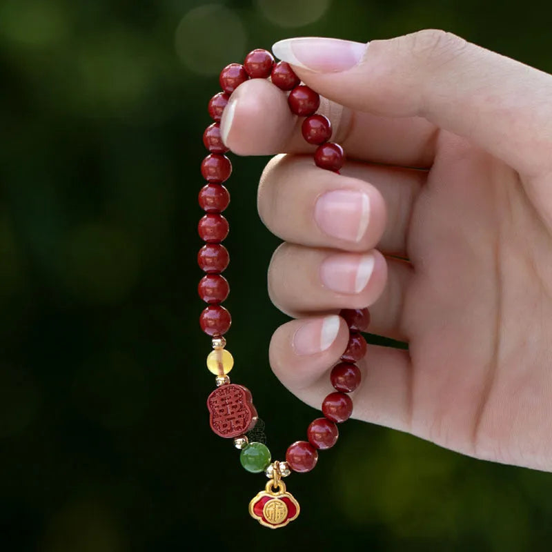 Emperor Sandstone Happy Eyebrow Bracelet with fu character design on cinnabar beads