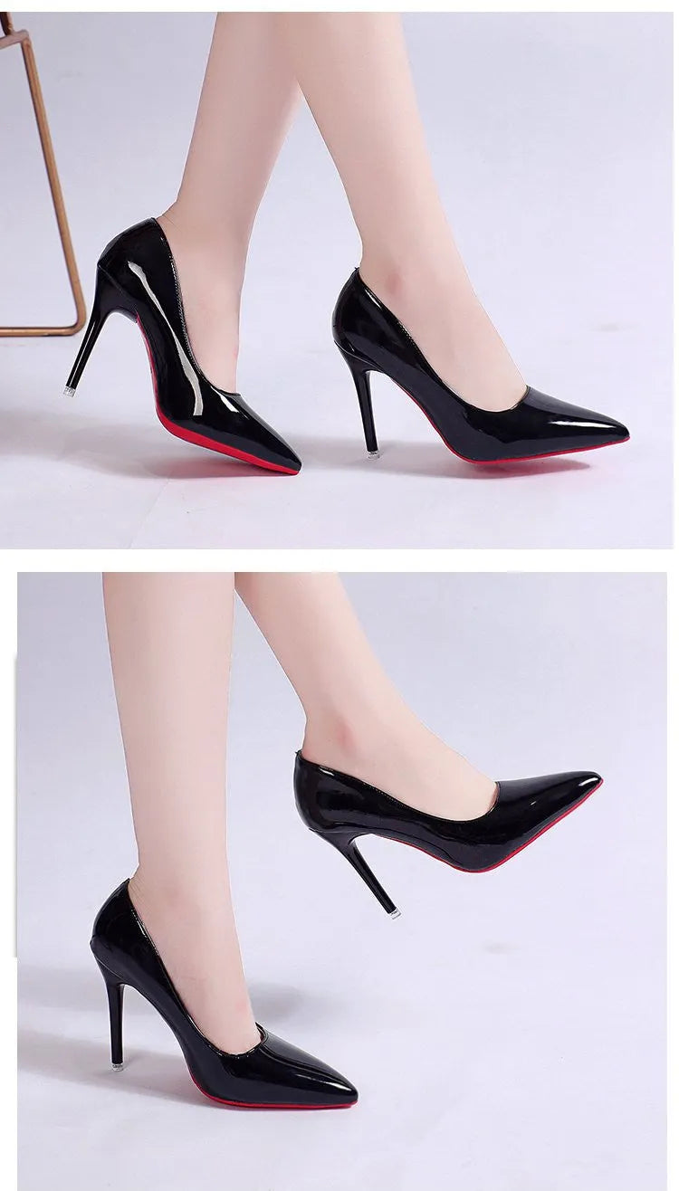 Women's black stiletto heel pump with pointed toe and shallow mouth on a rubber sole.