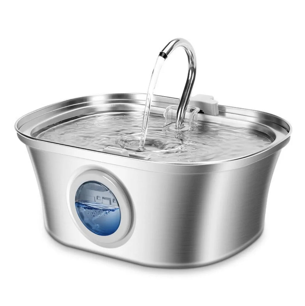 Stainless steel pet water dispenser with round runway design and bowl-window faucet