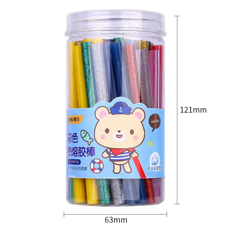 Transparent hot melt glue sticks in packaging, 55-piece set with 7mm diameter
