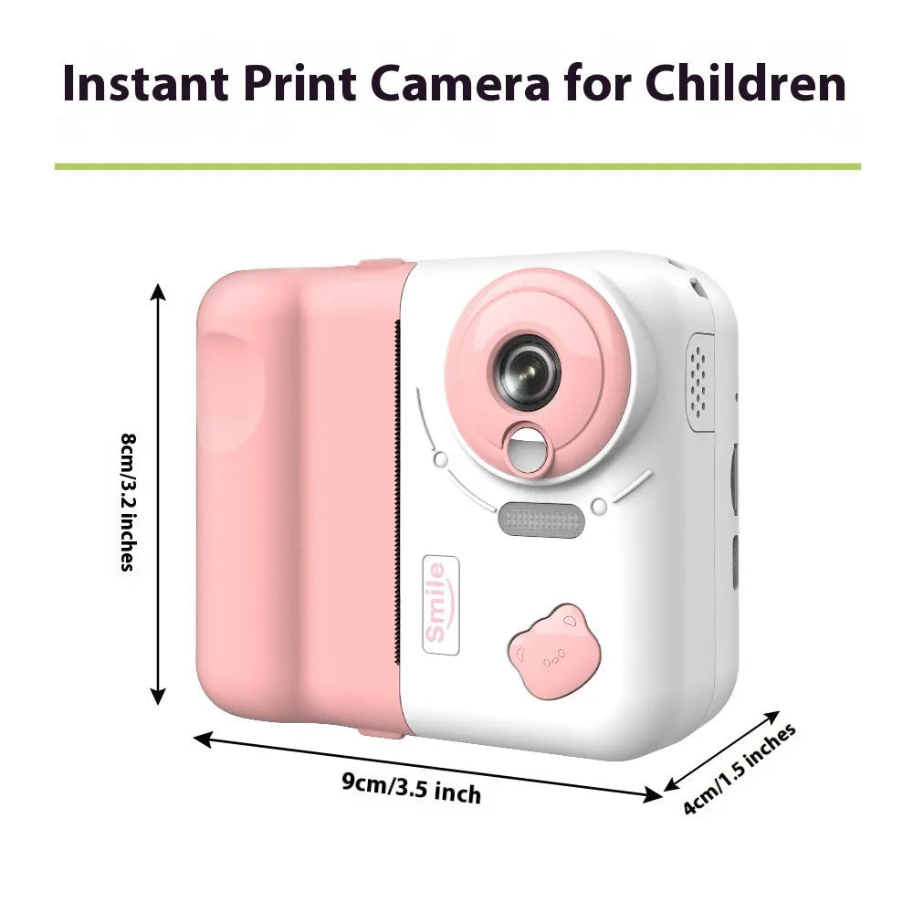 Children's printing camera in plastic body with instant black and white print function, showing camera and printed photo