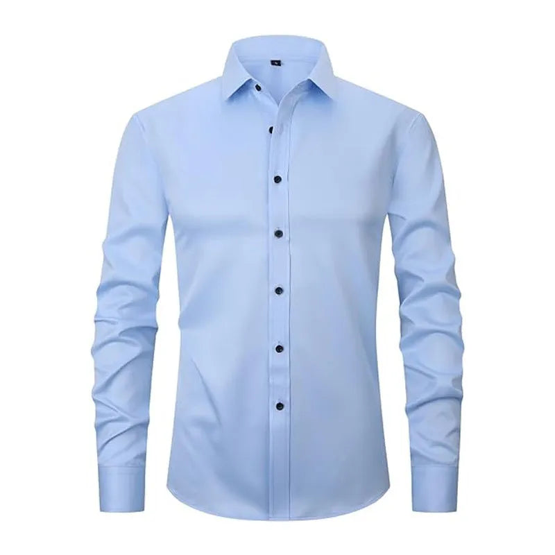 Men's stretch long sleeve work shirt in a blue colour variant on a hanger.