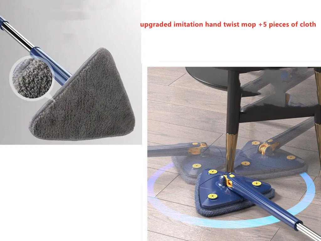 Extendable triangle mop with rotating blue head and adjustable stainless steel pole for corner cleaning