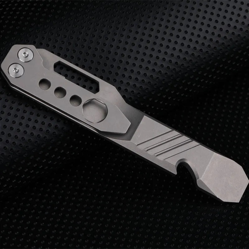 Titanium alloy multi-function crowbar tool with bottle opener and screwdriver, in gun grey finish.