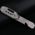 Titanium alloy multi-function crowbar tool with bottle opener and screwdriver, in gun grey finish.