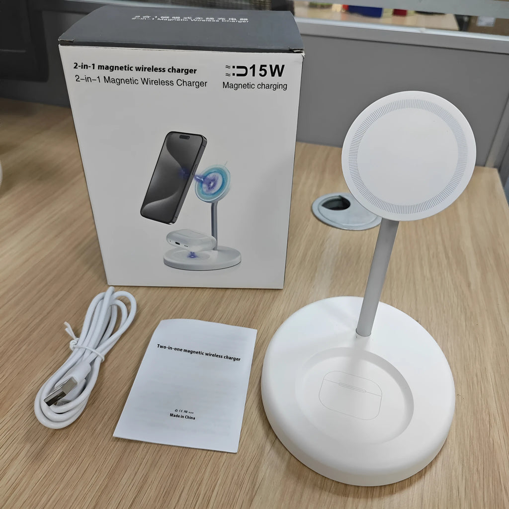White vertical wireless charging station with cooling holes and smartphone in charging position