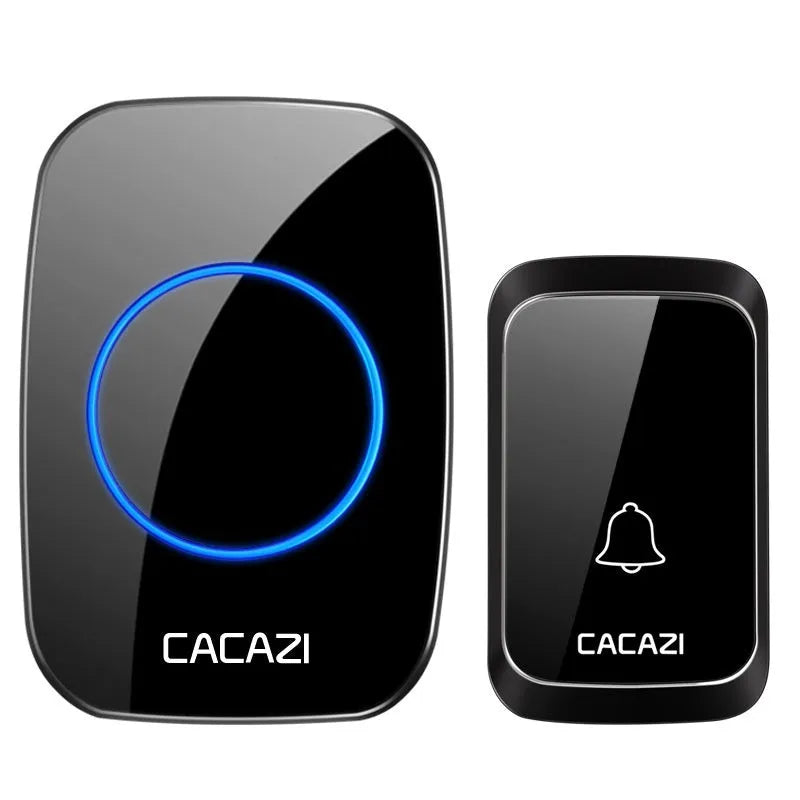 Wireless home doorbell set with white transmitter and receiver on a wall.