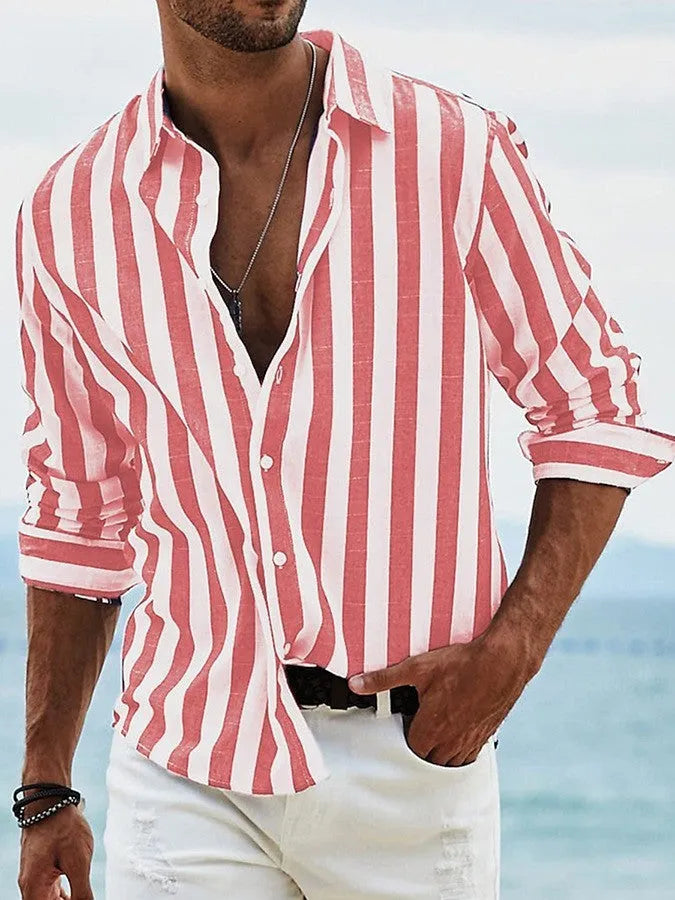 Men's yarn-dyed striped casual shirt with loose fit cardigan style in polyester fabric