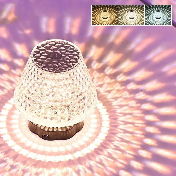 Crystal decorative table lamp with touch base on a nightstand, showing colour changing LED light.