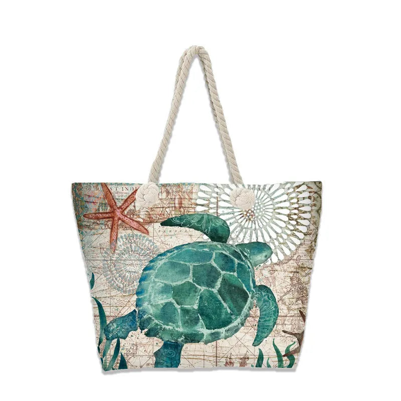 Printed women's beach bag, large capacity canvas handbag with open outer pocket and zippered hidden pocket, horizontal square shape, 14 styles.