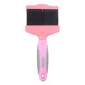 Blue dual-sided pet grooming brush with stainless steel pins on a wooden table.