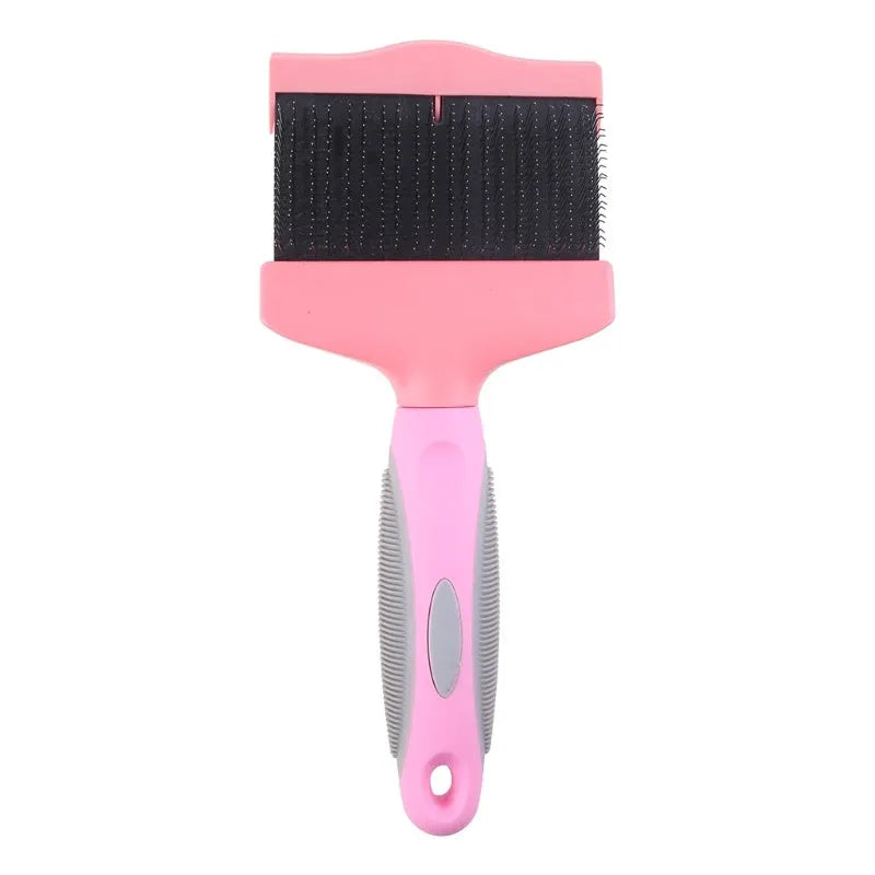 Blue dual-sided pet grooming brush with stainless steel pins on a wooden table.