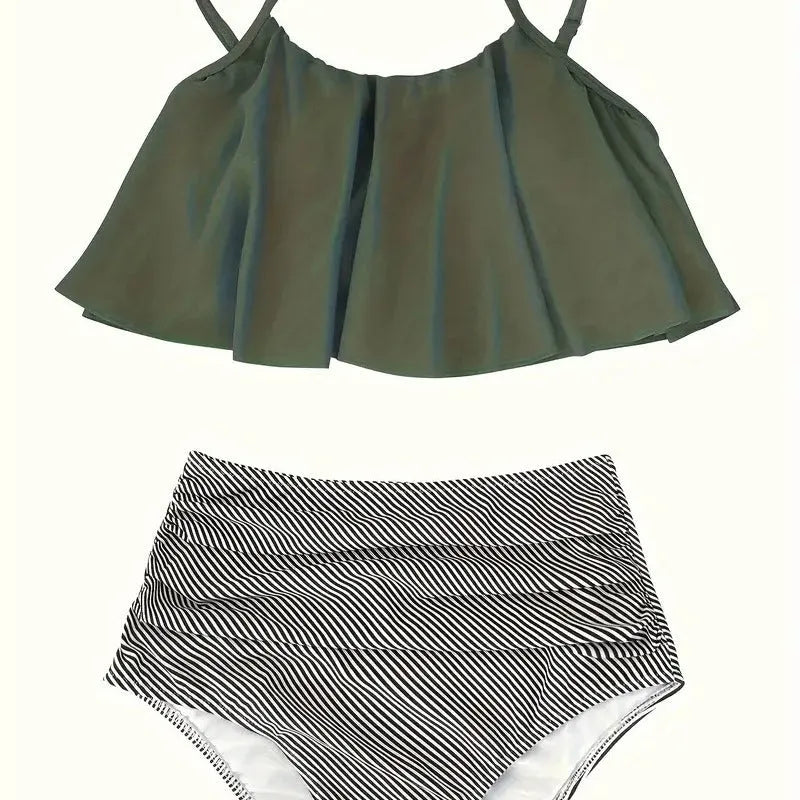 Women's high-waisted conservative ruffled swimsuit in polyester fibre available in multiple colours